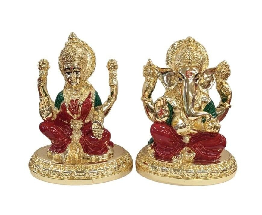 2 Gold Plated Lakshmi Ganesha pair - 4 inches - Image 1