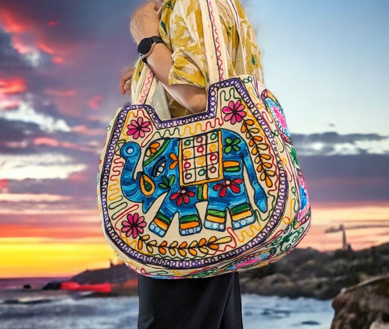 kashmiri4 Kashmiri embroidery Tote Bag-Turquoise elephant - Image 1