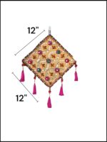 dimensions on the Image of a cream handcrafted kite shaped wall hanging for home decor and Diwali decorations in Canada and the US.