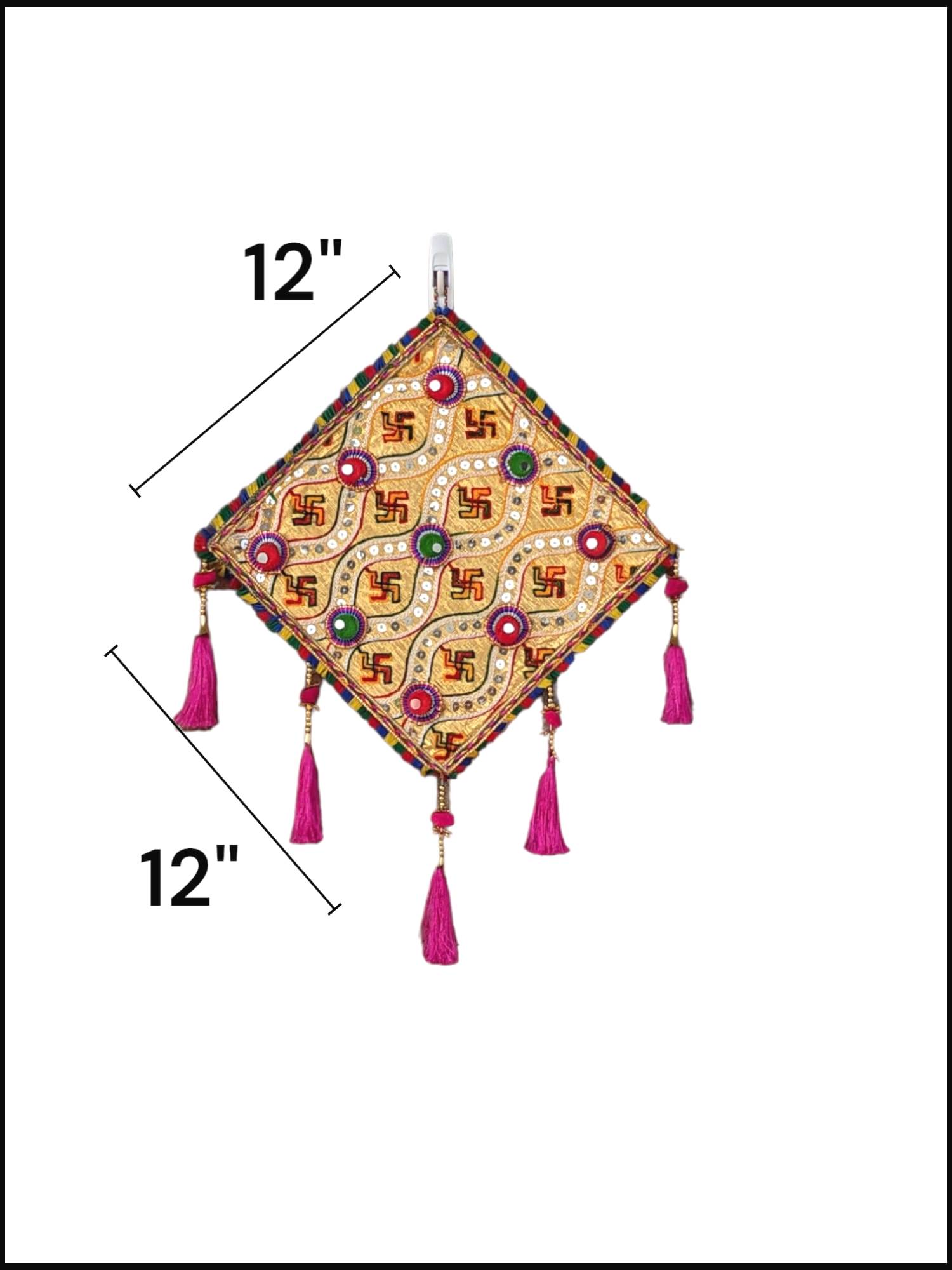 dimensions on the Image of a cream handcrafted kite shaped wall hanging for home decor and Diwali decorations in Canada and the US.