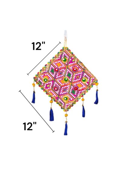 dimensions on the Image of a Pink handcrafted kite shaped wall hanging for home decor and Diwali decorations in Canada and the US.