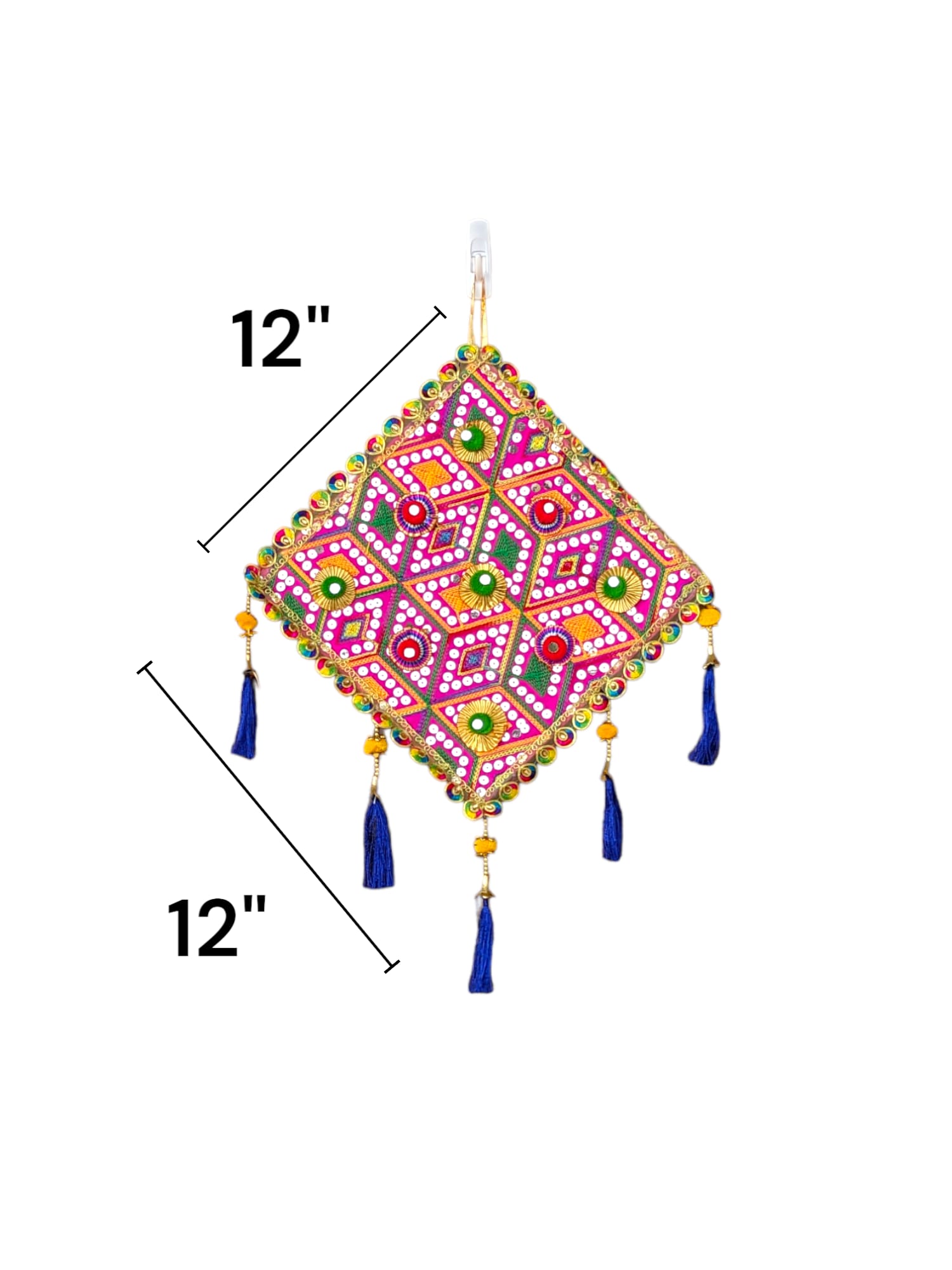 dimensions on the Image of a Pink handcrafted kite shaped wall hanging for home decor and Diwali decorations in Canada and the US.