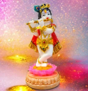 Krishna standing on top of lotus and playing his flute