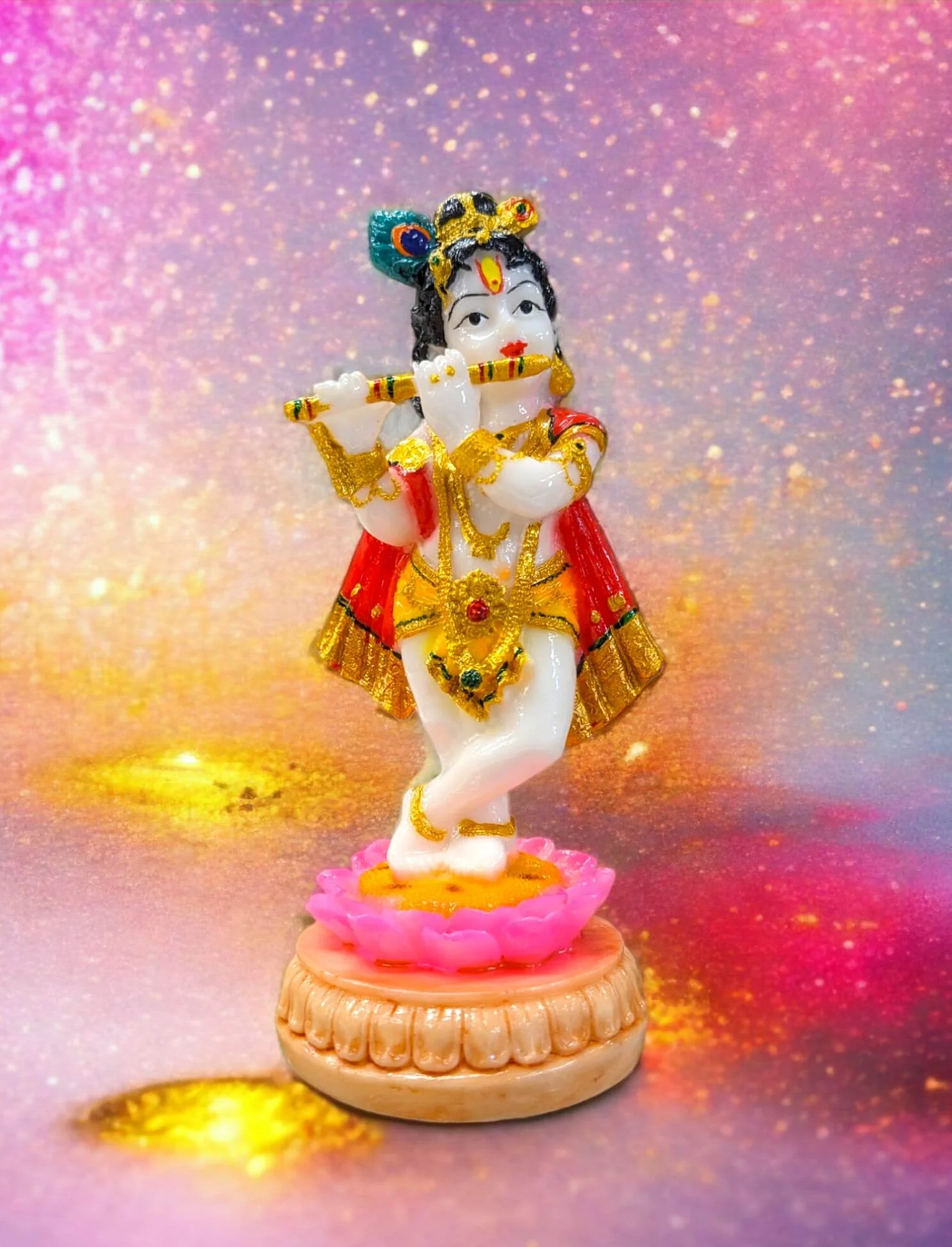 Krishna standing on top of lotus and playing his flute