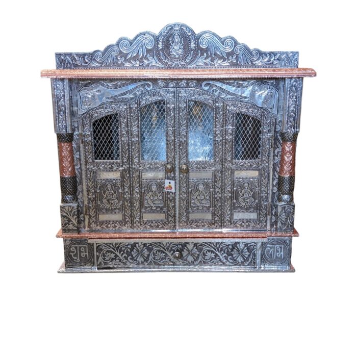 Image of a Wooden Home Temple with doors , the base is wood and then its wrapped with embossed aluminum sheet