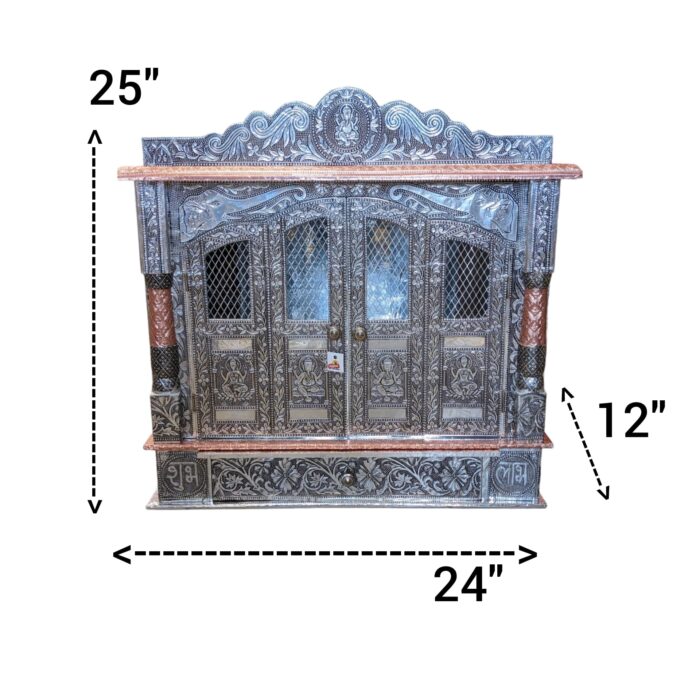 Dimensions mentioned on the Image of a Wooden Home Temple with doors , the base is wood and then its wrapped with embossed aluminum sheet