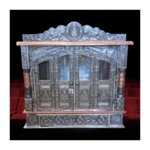 Image of a Wooden Home Temple with doors , the base is wood and then its wrapped with embossed aluminum sheet