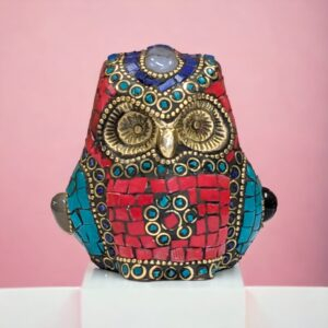 Brass Figurine Owl with Inlay handwork - Made in India brass