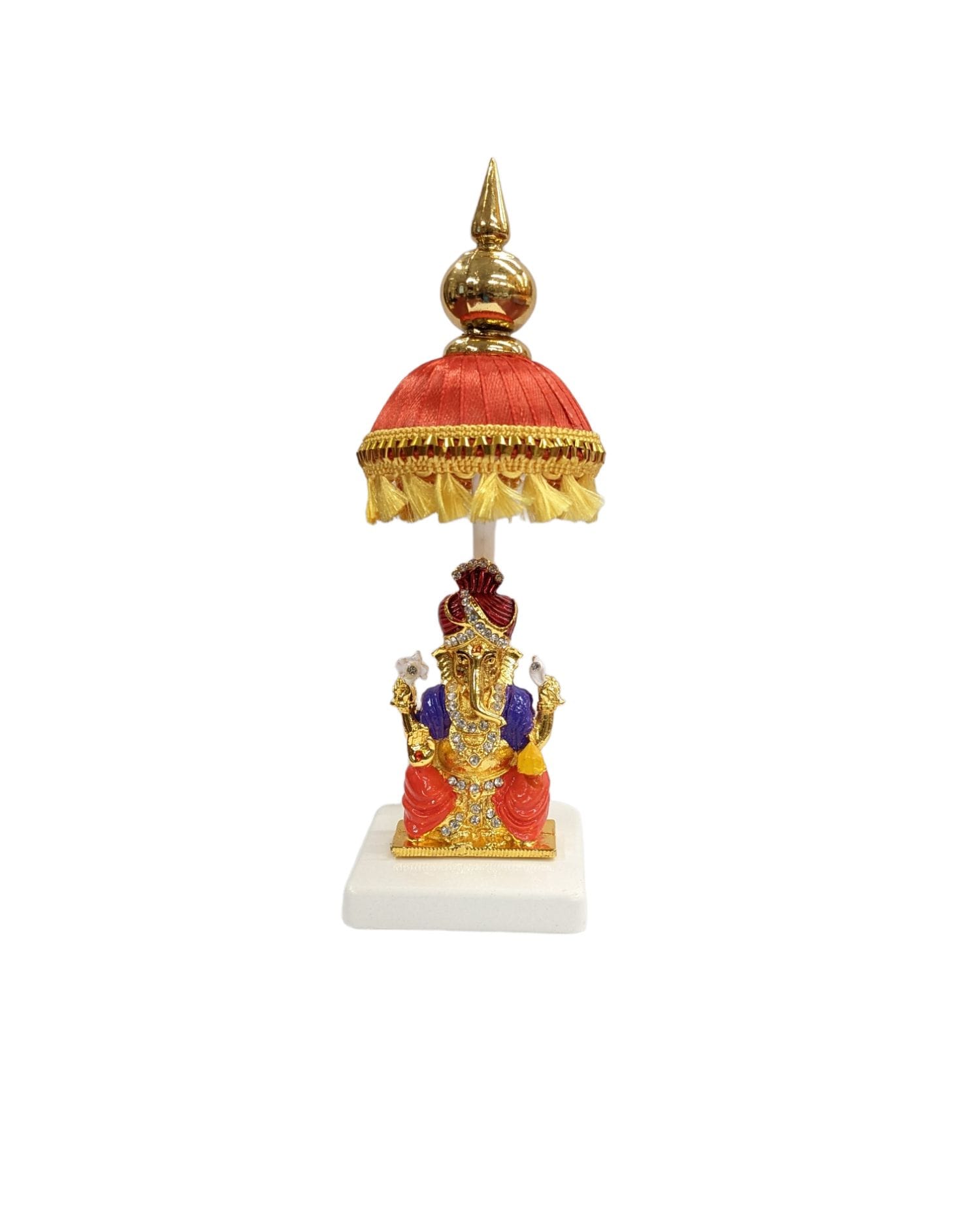 Image of a Car dashboard Idol of Ganesha with a red colored Chattar on top