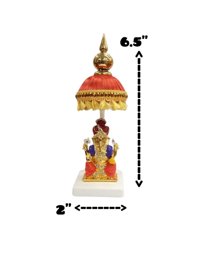 Image of a Car dashboard Idol of Ganesha with a red colored Chattar on top with dimensions