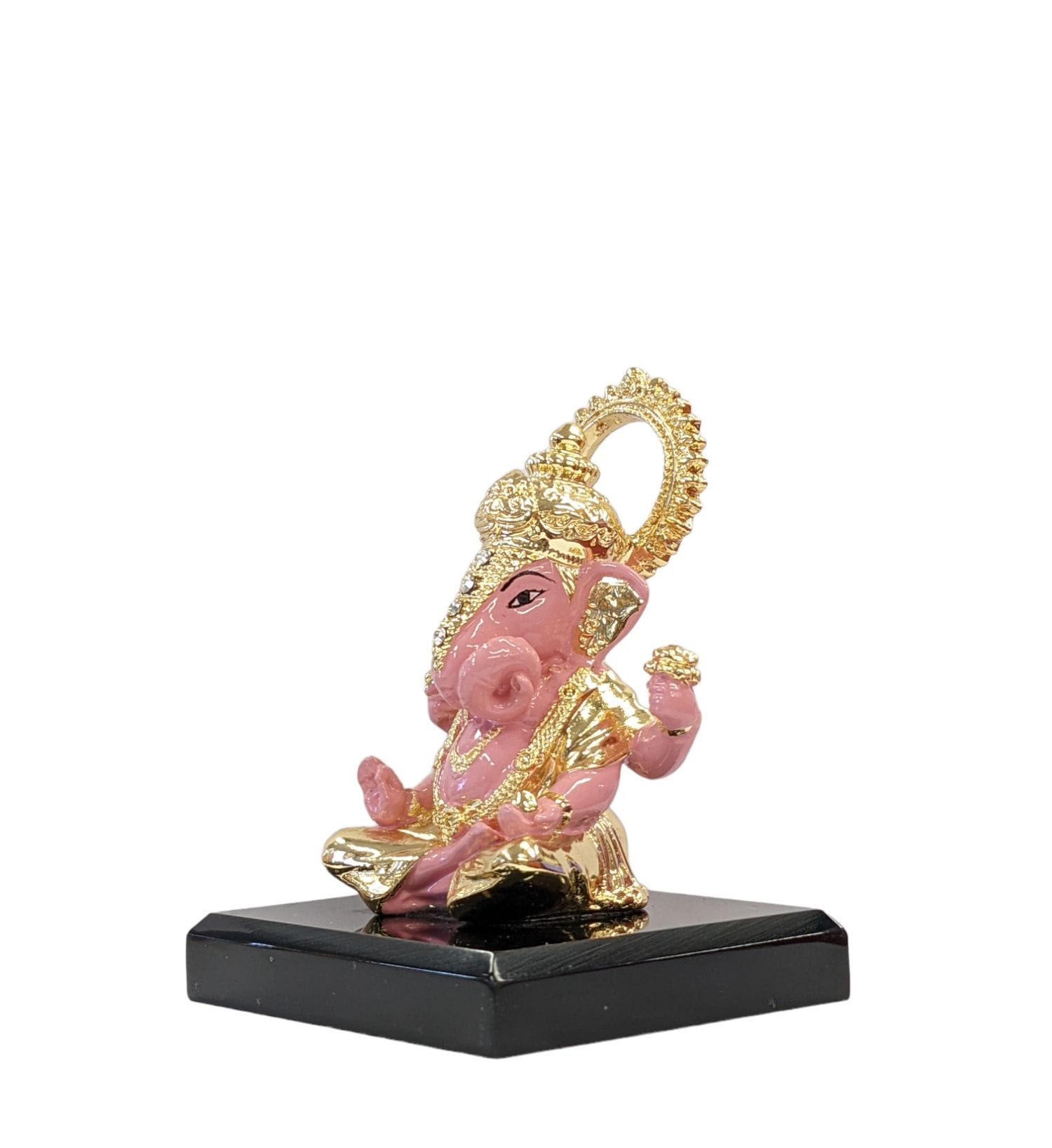 Side view Image of Dugdu Ganesha sitting on platform , Pure Gold plated Car dashboard Idol
