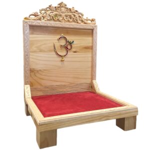 Image of a wooden singhasan with red velvet base, it can also be used as an open concept mandir