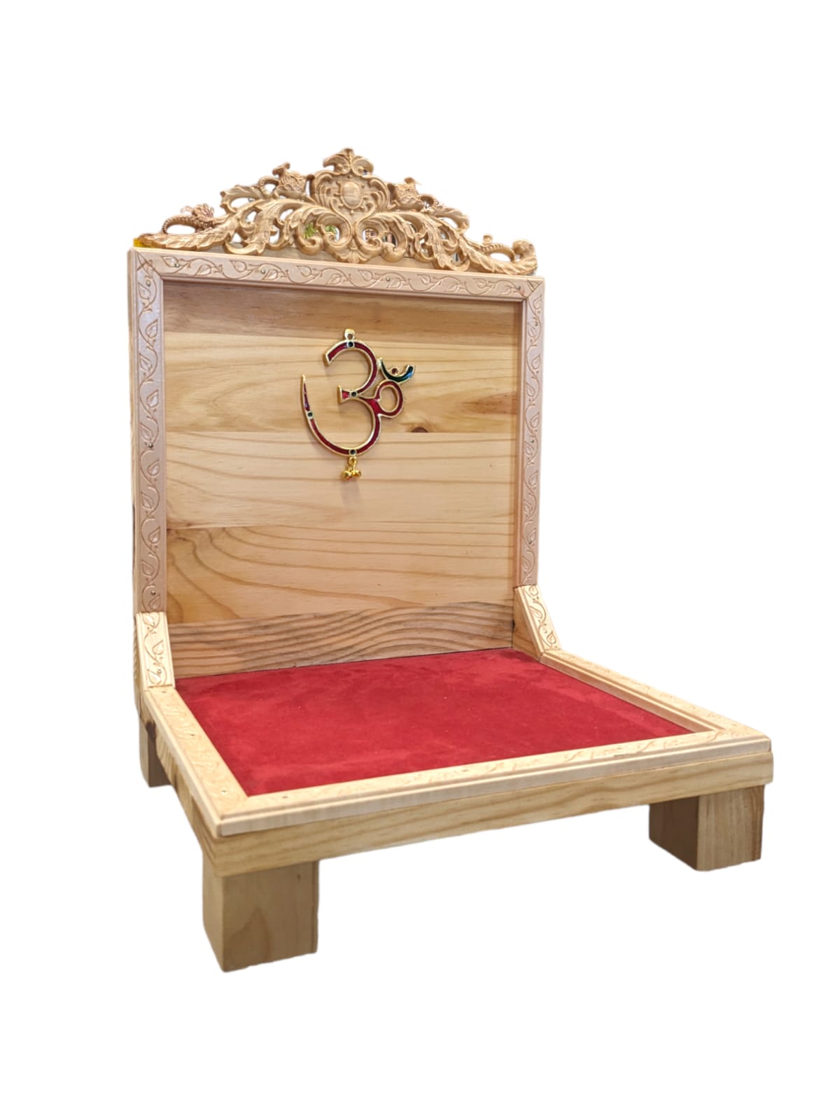 Image of a wooden singhasan with red velvet base, it can also be used as an open concept mandir