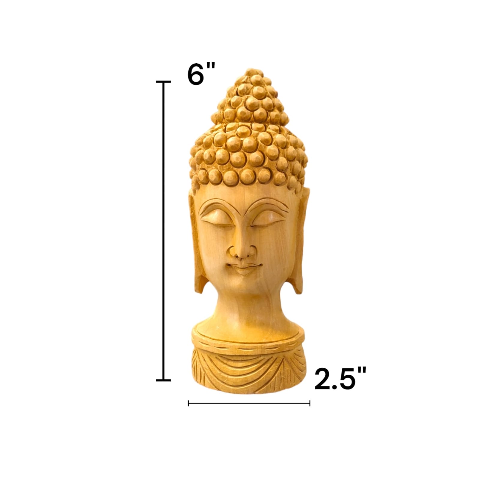 Image of a hand carved buddha face statue which is available in Canada and US with dimensions