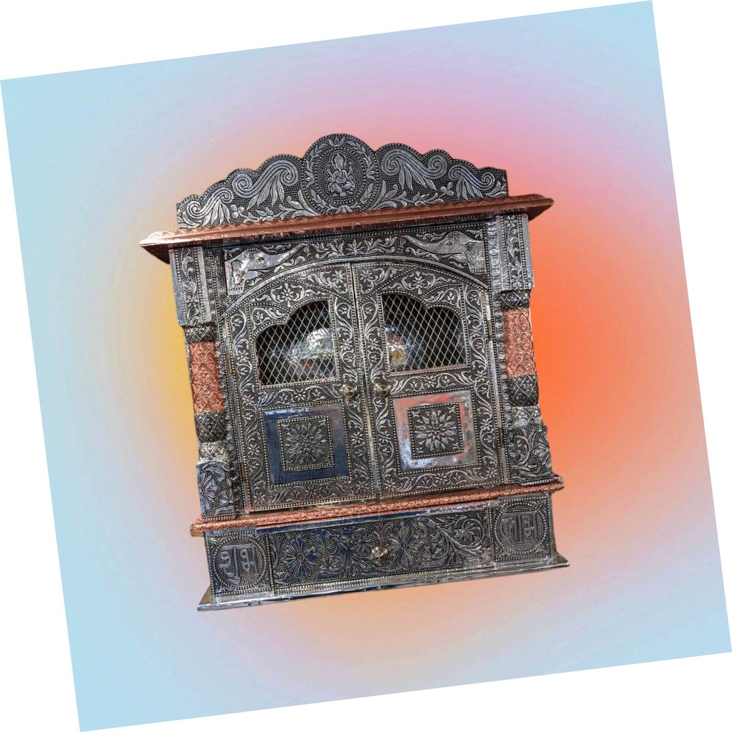 Image of a Wooden Home Temple - 18 inch x 12 inch with doors , the base is wood and then its wrapped with embossed aluminum sheet
