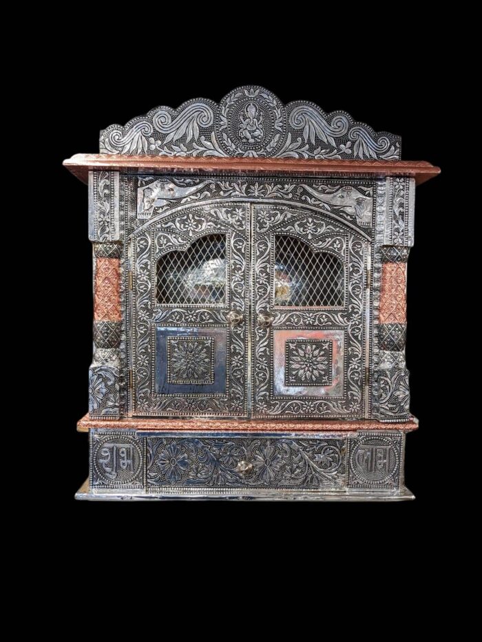 Image of a Wooden Home Temple - 18 inch x 12 inch with doors , the base is wood and then its wrapped with embossed aluminum sheet