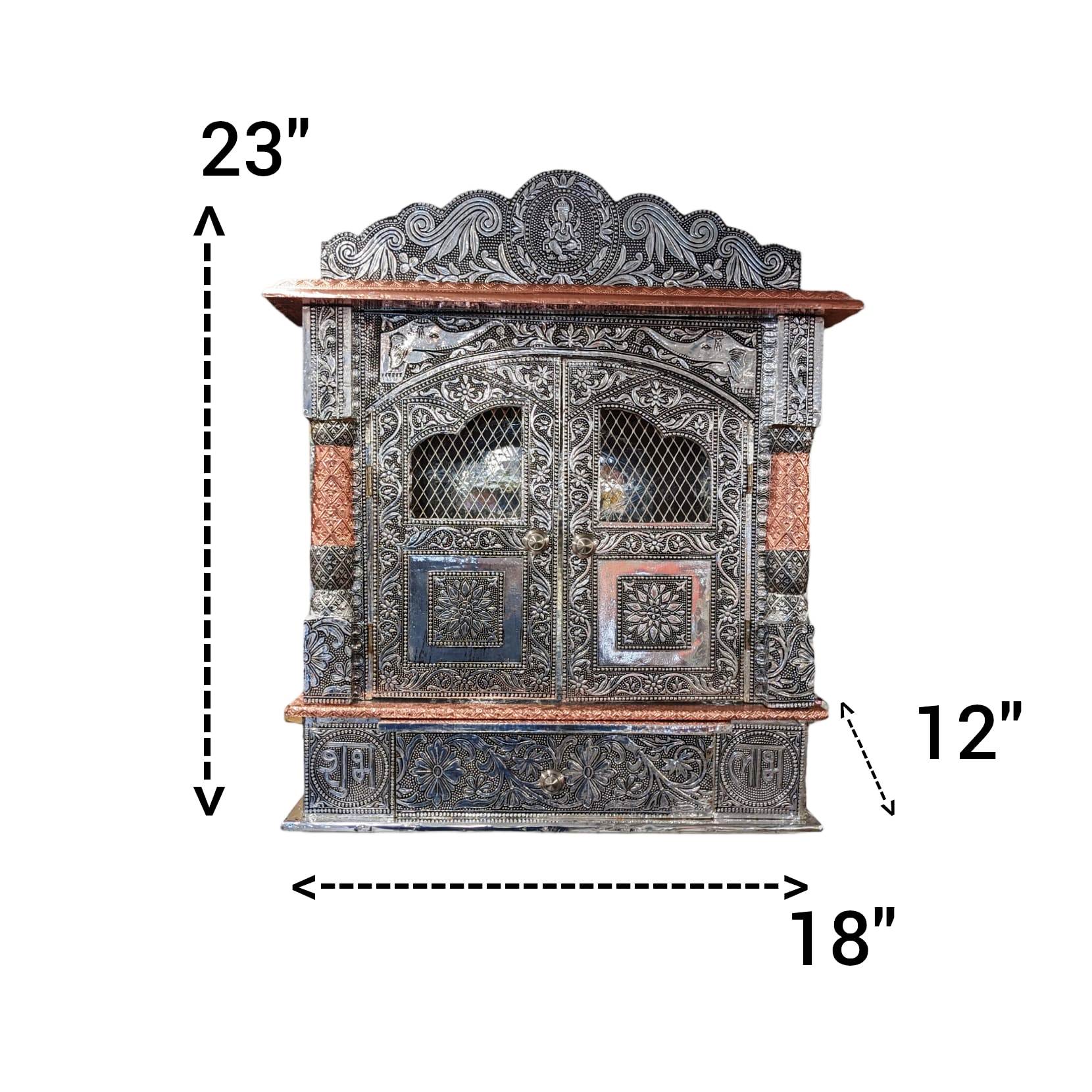 Image of a Wooden Home Mandir - 18 inch x 12 inch with doors , the base is wood and then its wrapped with embossed aluminum sheet