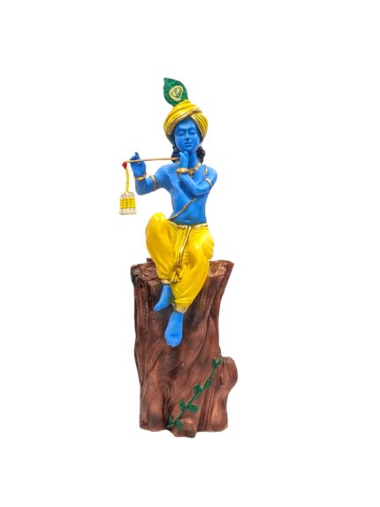 Large size Krishna Idol sitting on a tree stump and playing his blissful flute