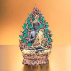 Image of a meditating buddha sitting in front a tree, This is 14 Inches high for sale in Canada and US