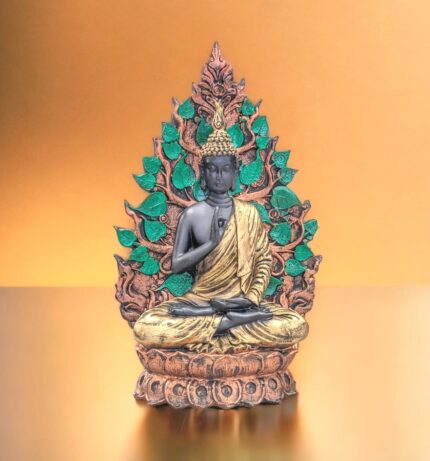 Image of a meditating buddha sitting in front a tree, This is 14 Inches high for sale in Canada and US