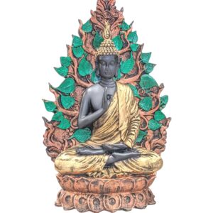 Image of a meditating buddha sitting in front a tree, This is 9 Inches high for sale in Canada and US