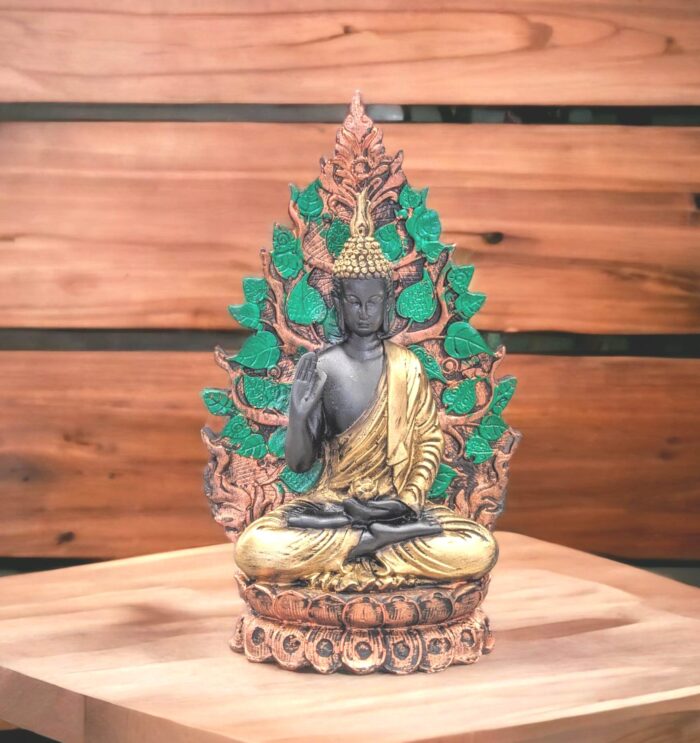 Image of a meditating buddha sitting in front a tree placed on a wooden platform, This is 9 Inches high for sale in Canada and US