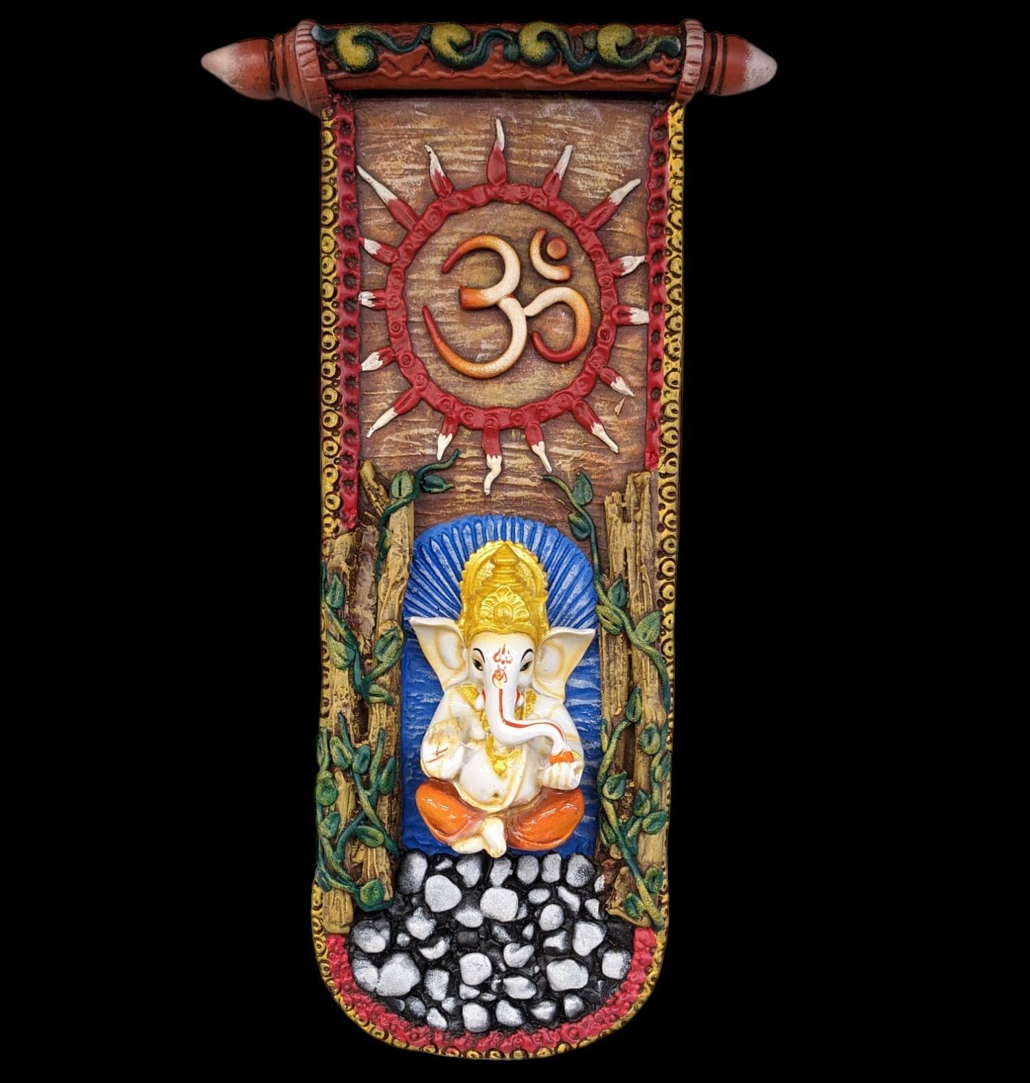 Antique-Finish Ganesha Wall Hanging with OM Symbol - Traditional Indian Resin Art Decor for Home and Office