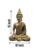 Image of a golden oxidized meditating Buddha statue placed on a wooden platform in a living room setting with dimensions