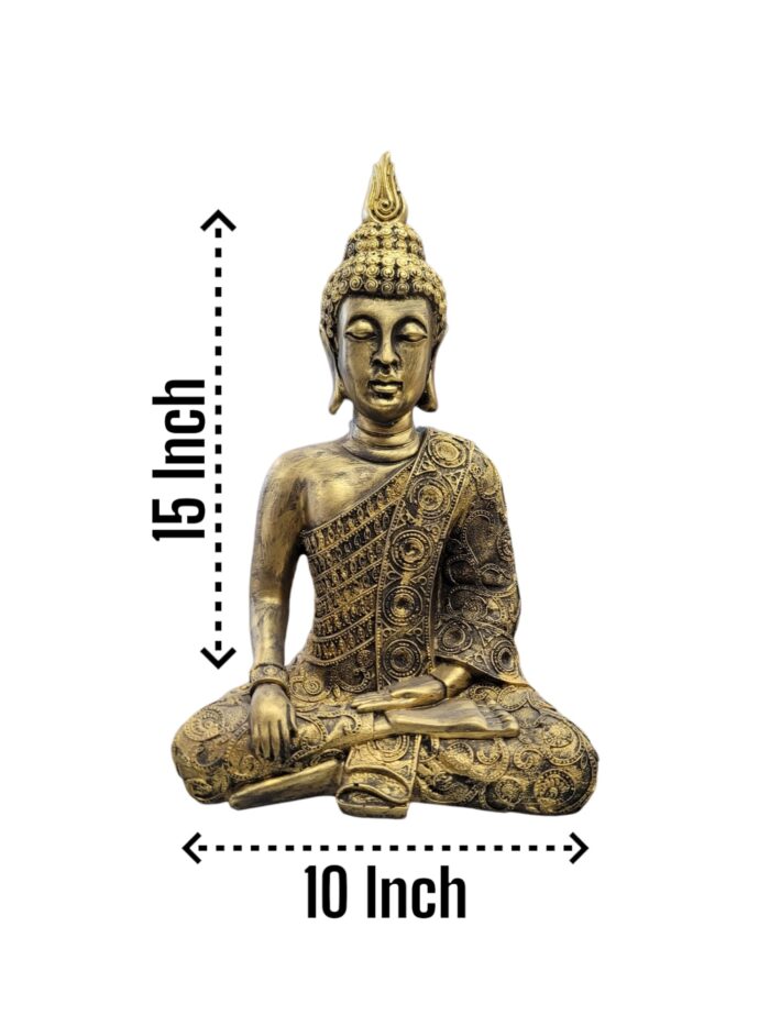 Image of a golden oxidized meditating Buddha statue placed on a wooden platform in a living room setting with dimensions