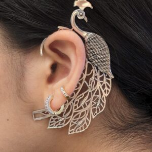 Brass ear cuffs - Peacock | Pair of Silver oxidized earrings