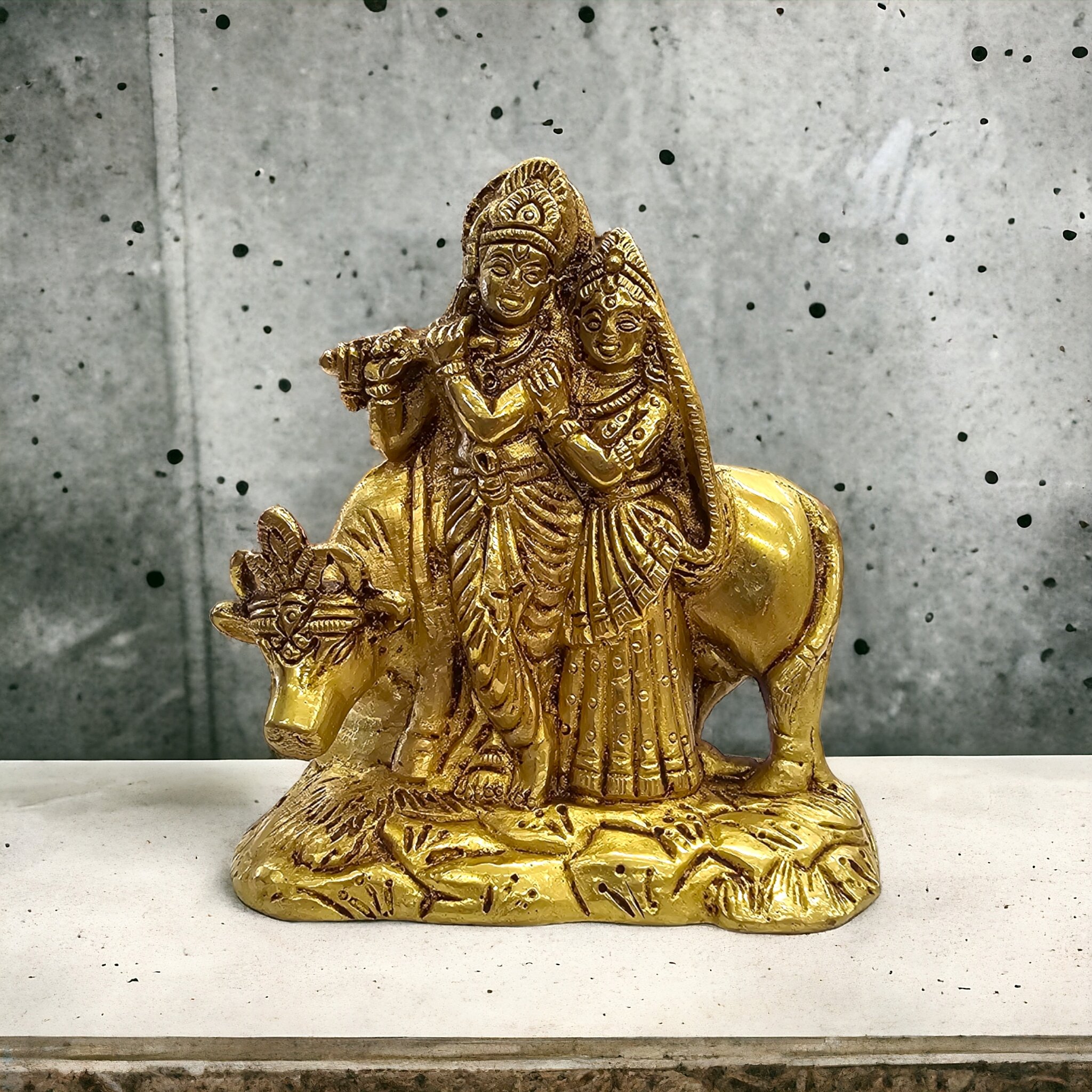Brass Radha Krishna with cow statue