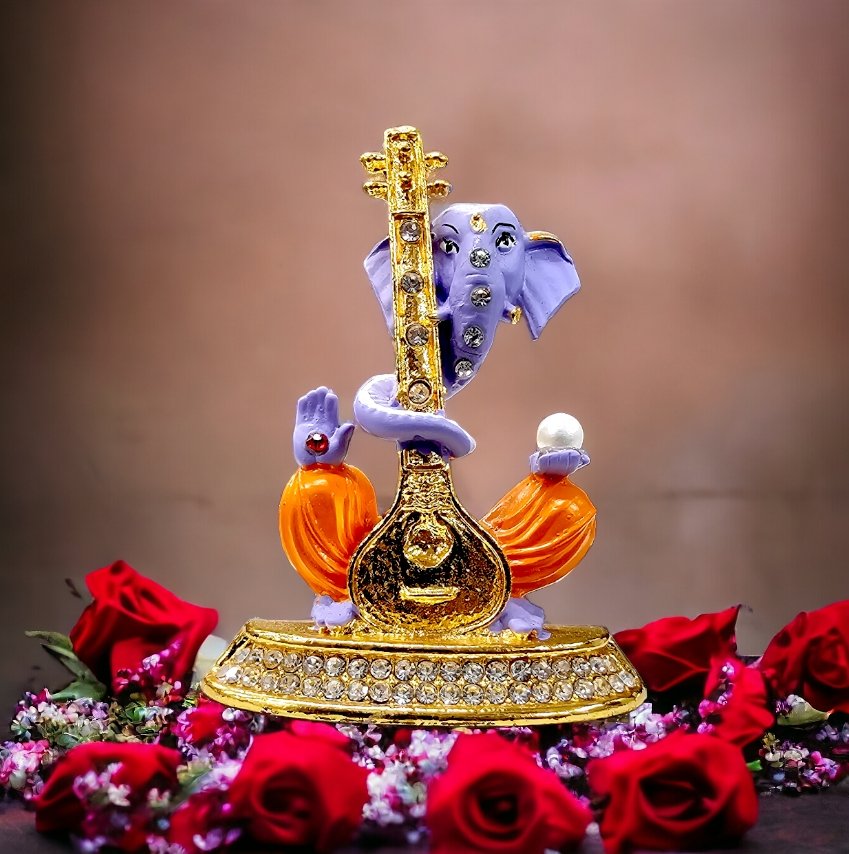 Image of Ganesha Car dashboard Idol holding a veena - purple