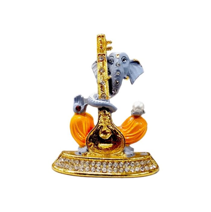 Image of Ganesha Car dashboard Idol holding a veena - grey