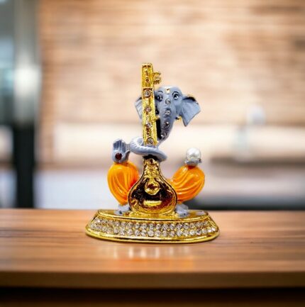 Image of Ganesha Car dashboard Idol holding a veena - grey