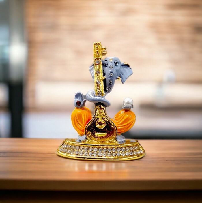 Image of Ganesha Car dashboard Idol holding a veena - grey