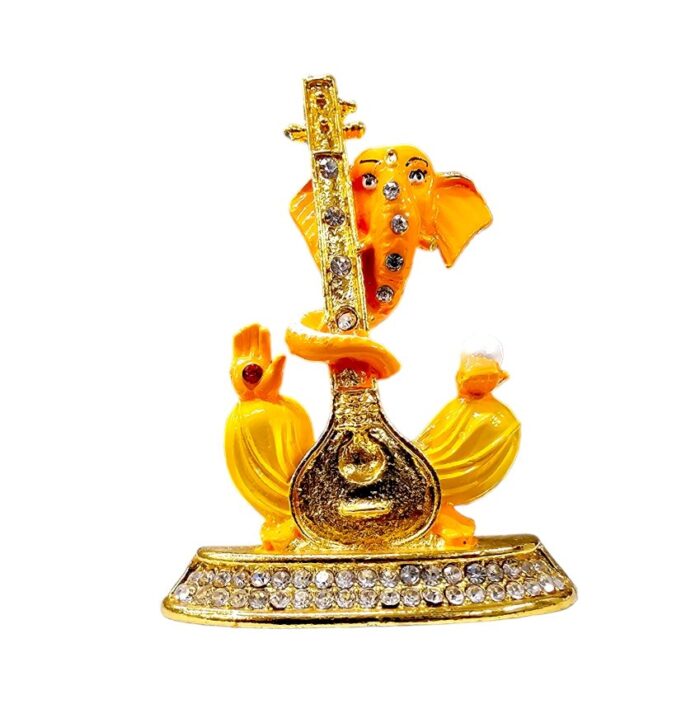 Image of Ganesha Car dashboard Idol holding a veena - orange