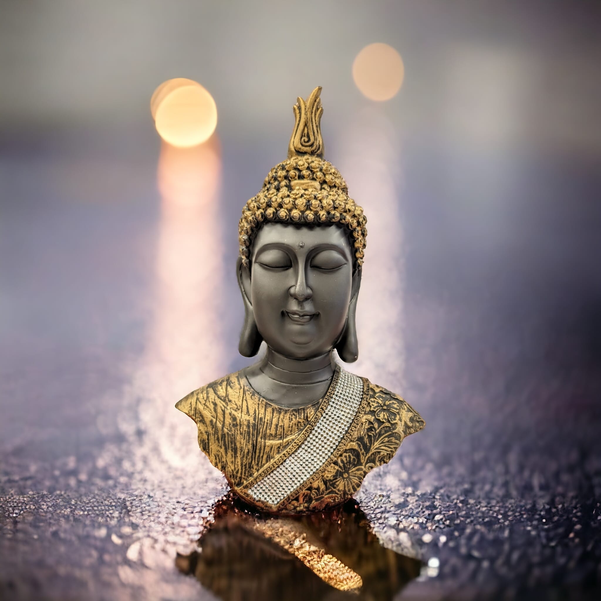 Buddha face idol with golden hue highlights , perfect for living room decor and gift.