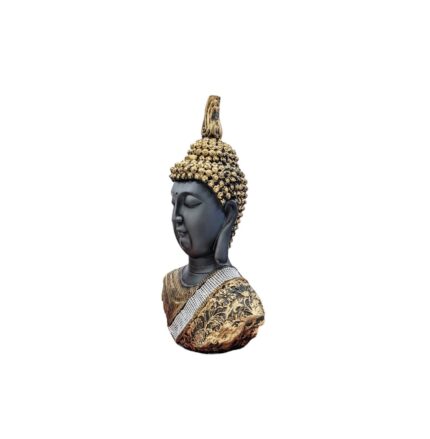 Buddha face statue with golden hue highlights , perfect for living room decor and gift.