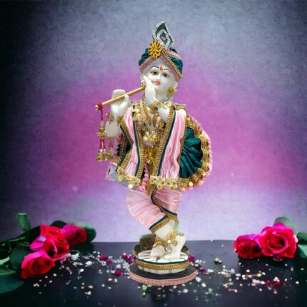 Image of a Large Krishna statue with white body color and beautiful arrangement of clothes on his body. These Idols are for sale in Canada and US only