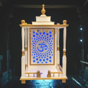 Image of a large sized wooden home temple with white gold finish