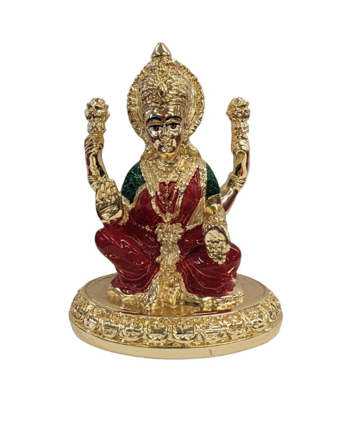 Image of Pure gold plated statue of Lakshmi - The goddess of wealth with hand painted red and green meena work