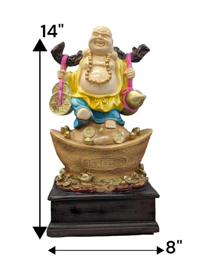 dimensions on the Image of a Large sized Laughing buddha Idol carrying money , available for sale in US and Canada