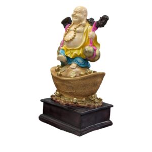 side view Image of a Large sized Laughing buddha Idol carrying money , available for sale in US and Canada