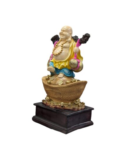 side view Image of a Large sized Laughing buddha Idol carrying money , available for sale in US and Canada