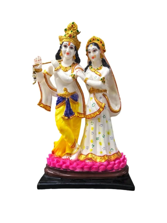 Large idol of Radha Krishna made out of marble dust poly stone with golden hues accent standing on a lotus