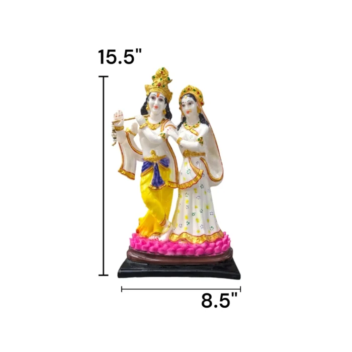 Large idol of Radha Krishna made out of marble dust poly stone with golden hues accent. Image shows dimensions