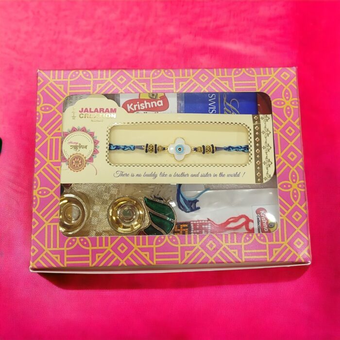 Evil eye rakhi hamper with moli, tilak and platter for quick delivery in Canada and the US