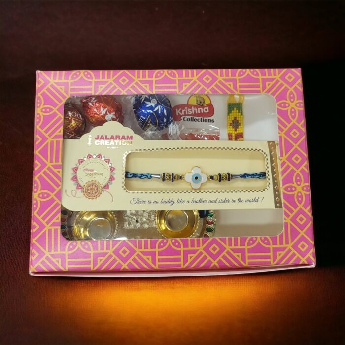 Evil eye rakhi hamper with moli, tilak and platter for quick delivery in Canada and the US