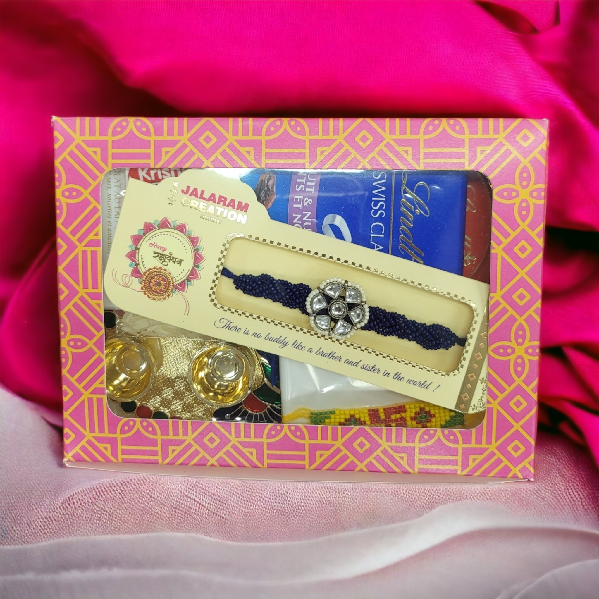 Kundan rakhi with lindt chocolate hamper