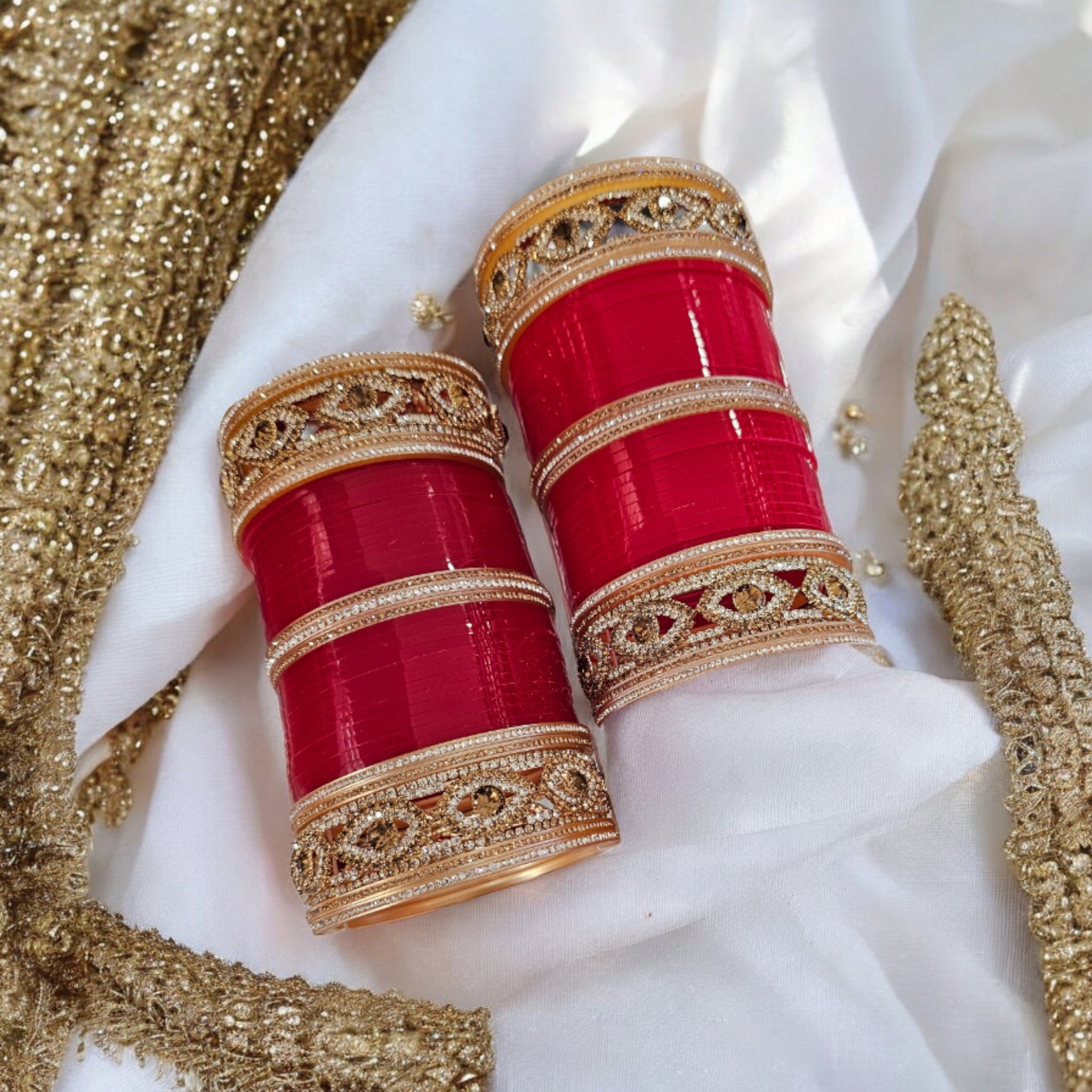 Designer Red Chura with silver gemstones and evil eyes - Wedding Chura Bangles